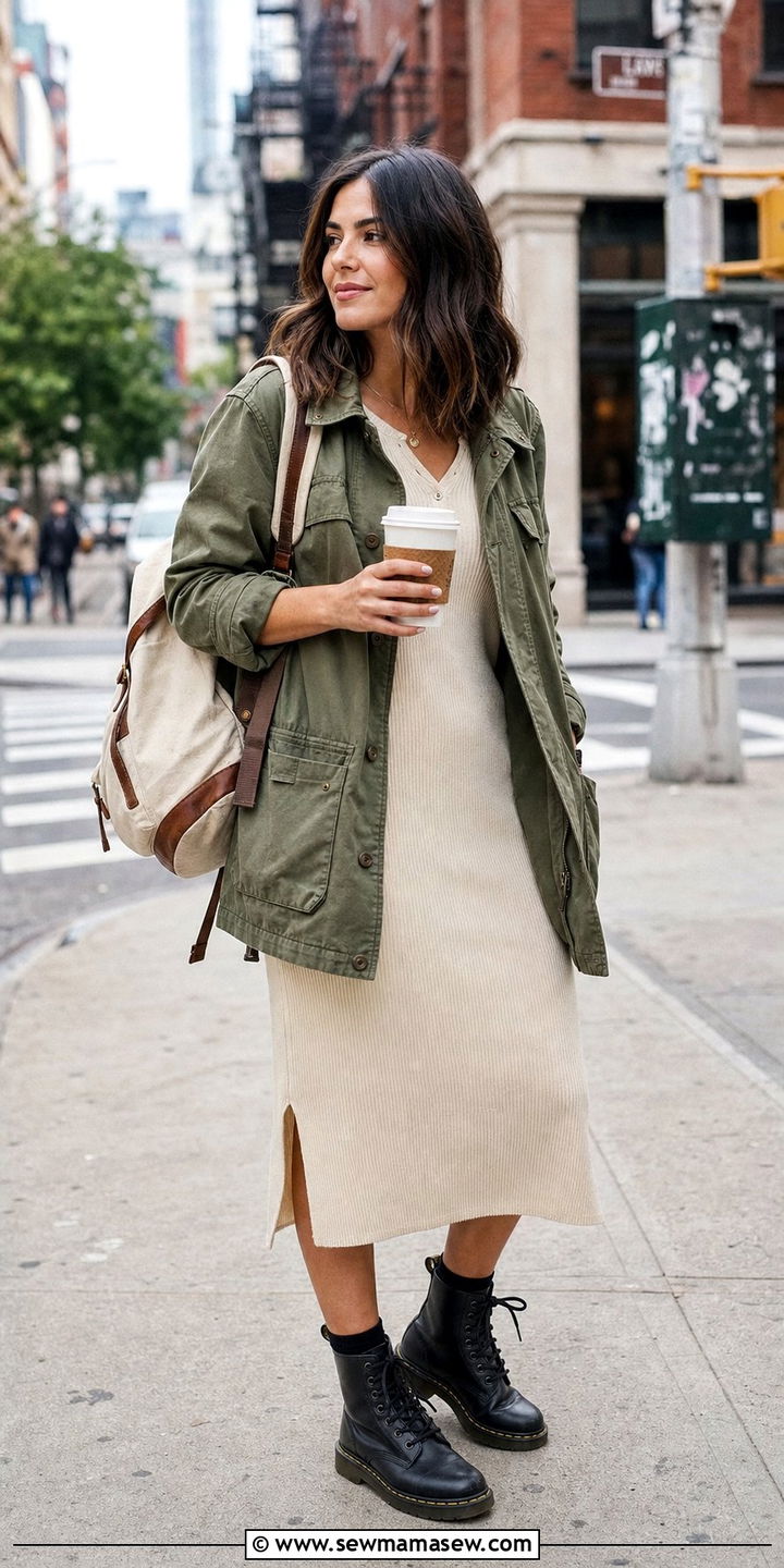 Utility Jacket with Midi Dress and Combat Boots Outfit - 25 Cross season outfit ideas