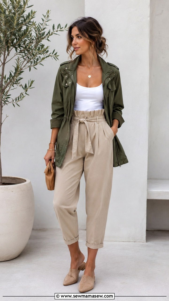 Utility Jacket with Paper Bag Waist Pants and Mules - 30 Spring outfits with utility jacket