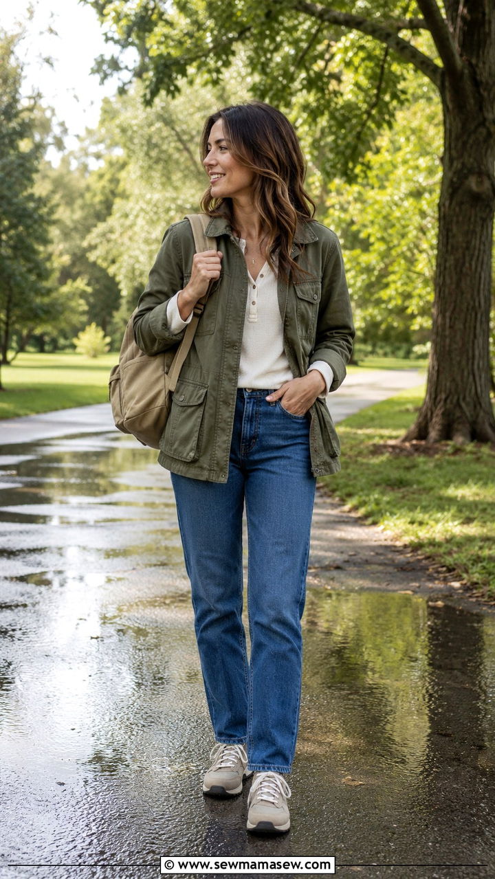 Utility Jacket with Straight Leg Jeans and Neutral Sneakers - 30 transitional rainy day outfit ideas