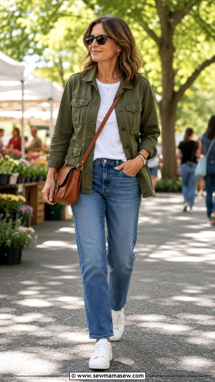 Utility Jacket with Straight Leg Jeans and Sneakers - 30 Outfit ideas for women over 45