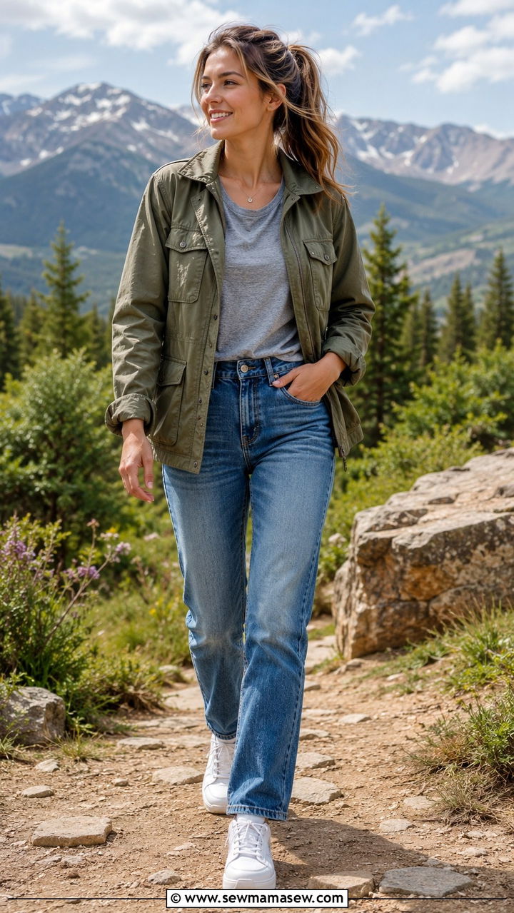 Utility Jacket with Straight Leg Jeans and White Sneakers - 30 Spring outfits with white sneakers