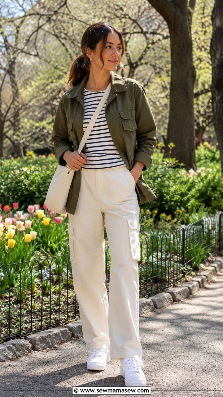 Utility Jacket with Striped Top and Cargo Pants - 30 spring capsule wardrobe outfit ideas