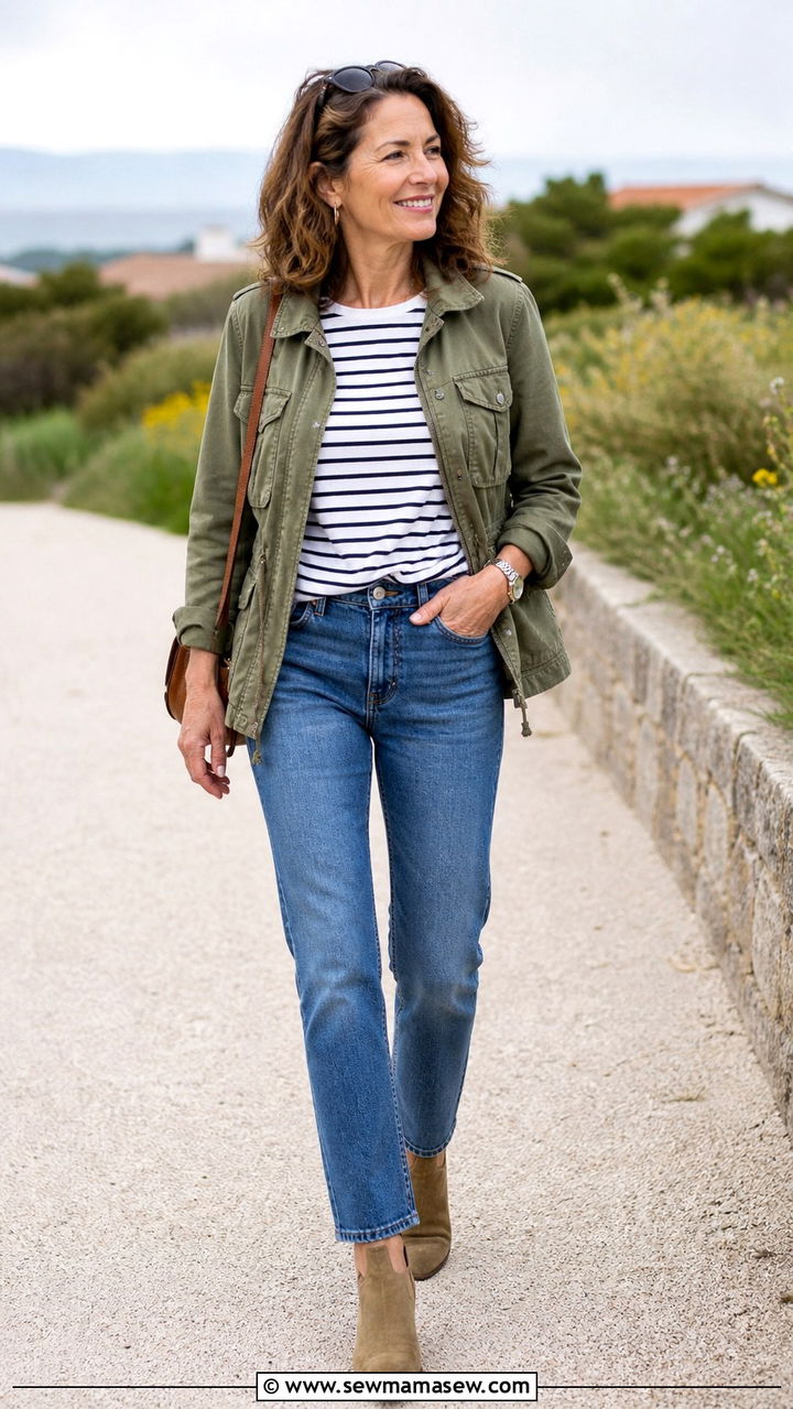 Utility Jacket with Striped Top and Jeans - 20 65 year old woman outfit ideas