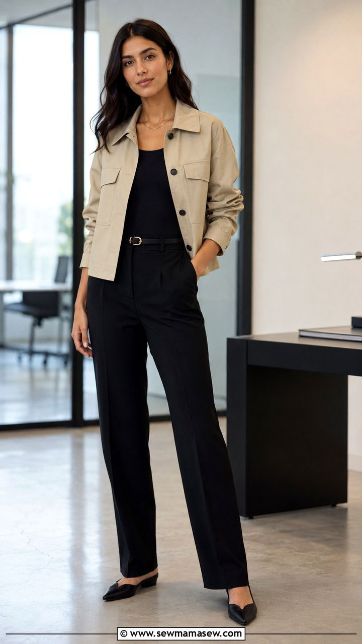 Utility Jacket with Tailored Trousers and Pointed Flats - 30 Spring outfits with utility jacket