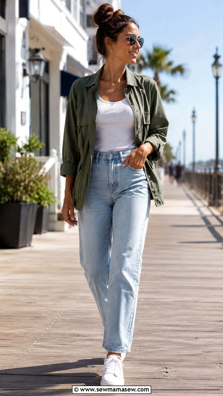 Utility Jacket with Tank Top and Relaxed Jeans - 20 Summer outfits for 60 degree weather