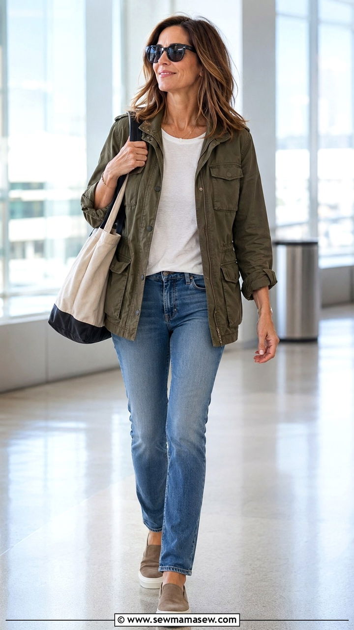 Utility Jacket with Tee and Stretch Jeans Flight Look - 25 What to wear on a plane over 40
