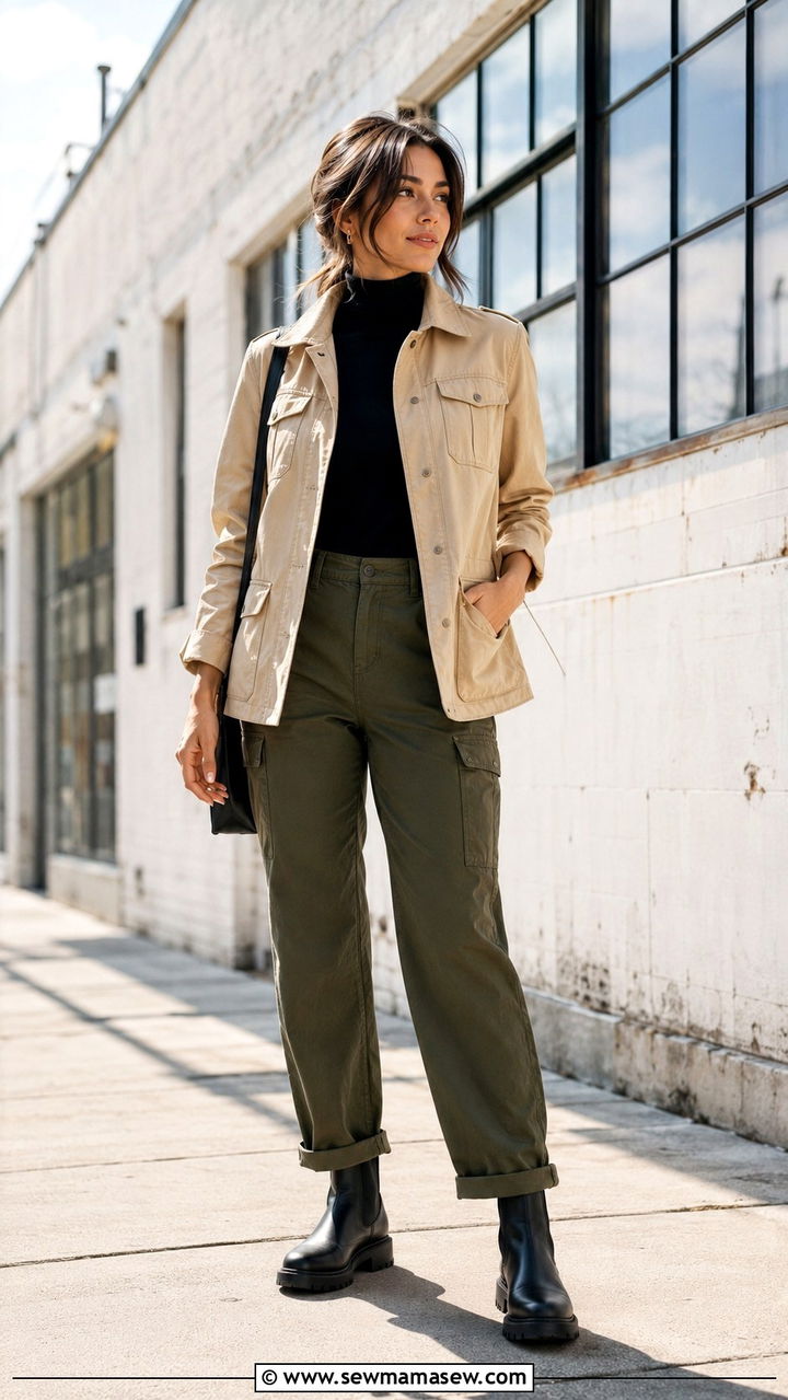 Utility Jacket with Turtleneck and Cargo Pants - 20 Spring outfits for 45 degree weather