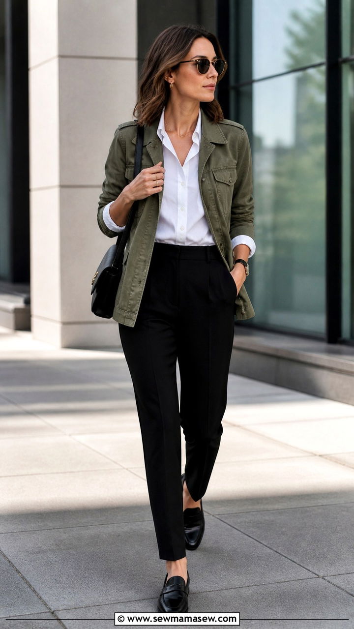 Utility Jacket with White Button Down and Black Trousers - 40 jacket outfits for women