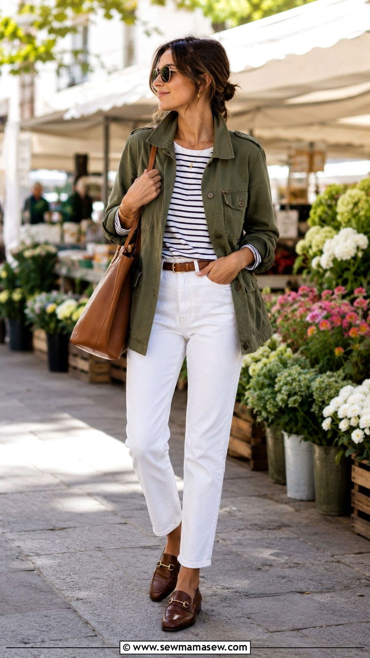 Utility Jacket with White Denim and Loafers - 30 Shoulder season outfit ideas