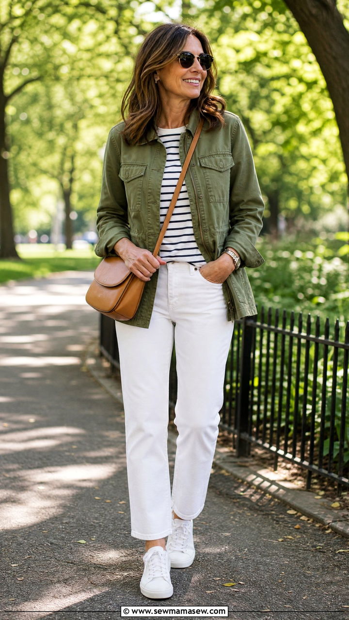 Utility Jacket with White Jeans and Sneakers - 25 How to dress in your 40s
