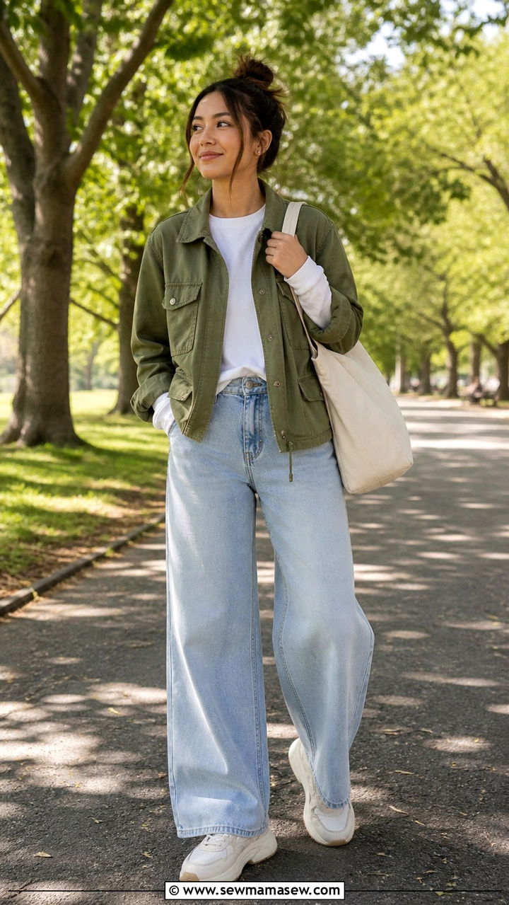 Utility Jacket with Wide Leg Jeans and Sneakers - 40 First day of spring outfits