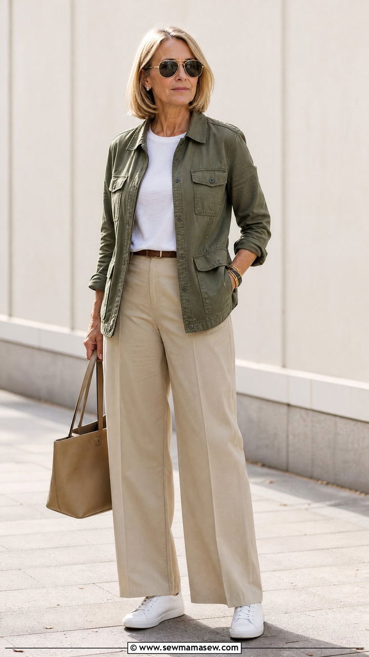 Utility Jacket with Wide Leg Trousers Over 50 - 30 Chic outfit ideas for women over 50
