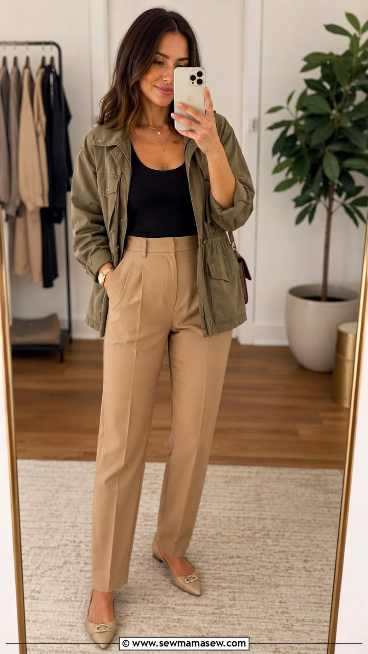Utility Jacket with a Bodysuit and High Waisted Trousers - 30 Spring outfits with utility jacket
