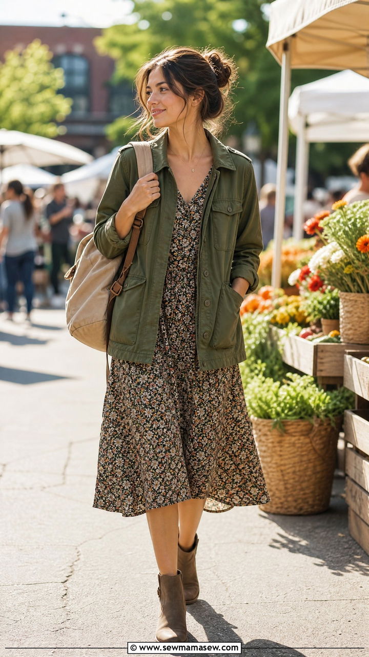Utility Jacket with a Floral Dress - 30 summer to fall outfit ideas