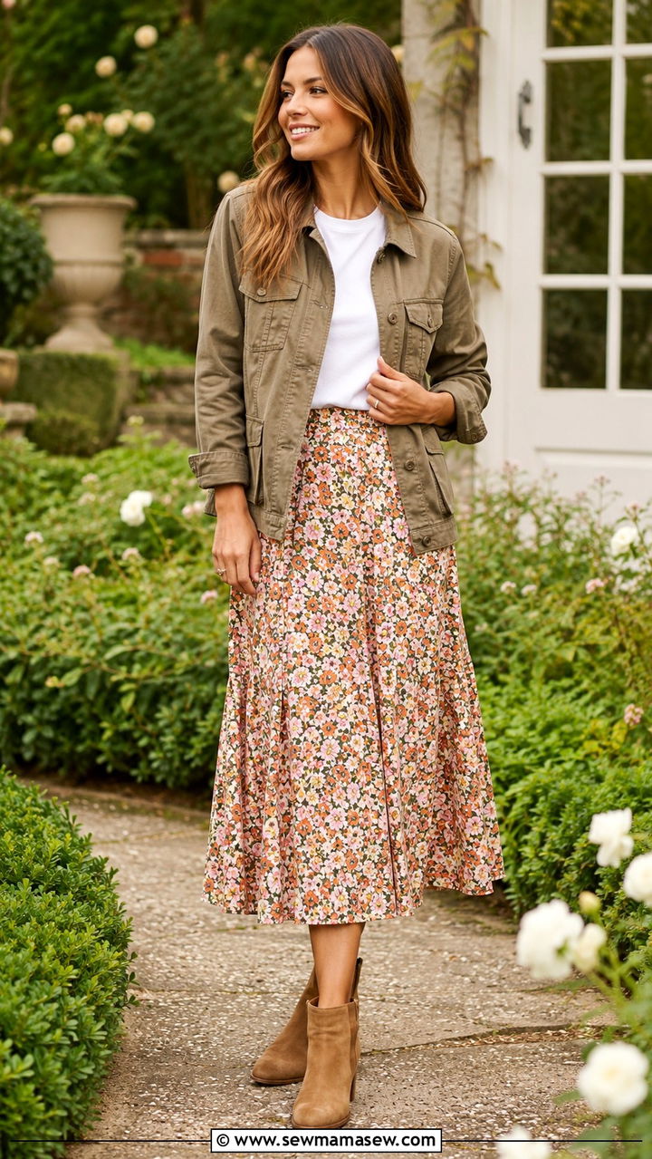 Utility Jacket with a Floral Midi Skirt and Ankle Boots - 30 Spring outfits with utility jacket