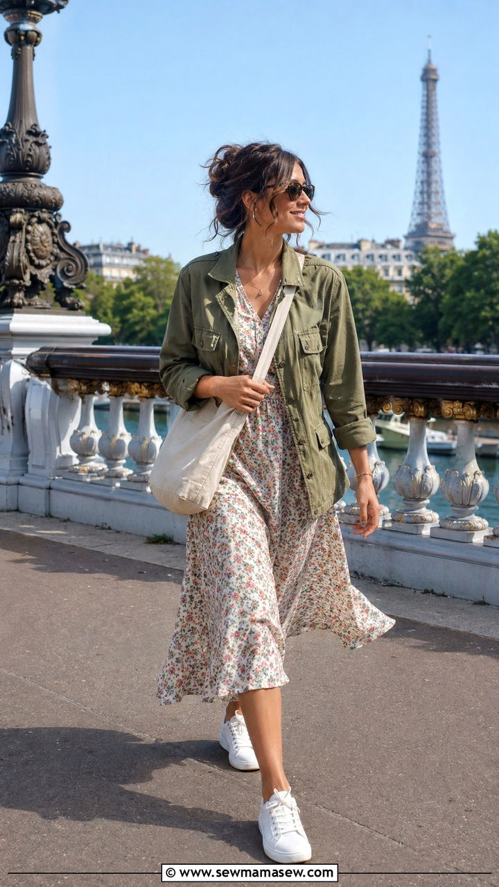 Utility Jacket with a Flowy Midi Dress and Sneakers - 30 spring paris trip outfit ideas