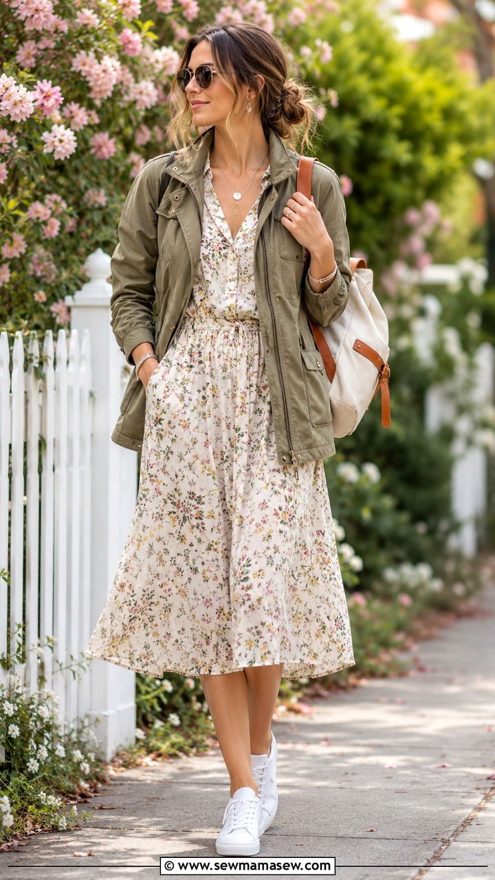 Utility Jacket with a Flowy Midi Dress - 30 classy errands outfits