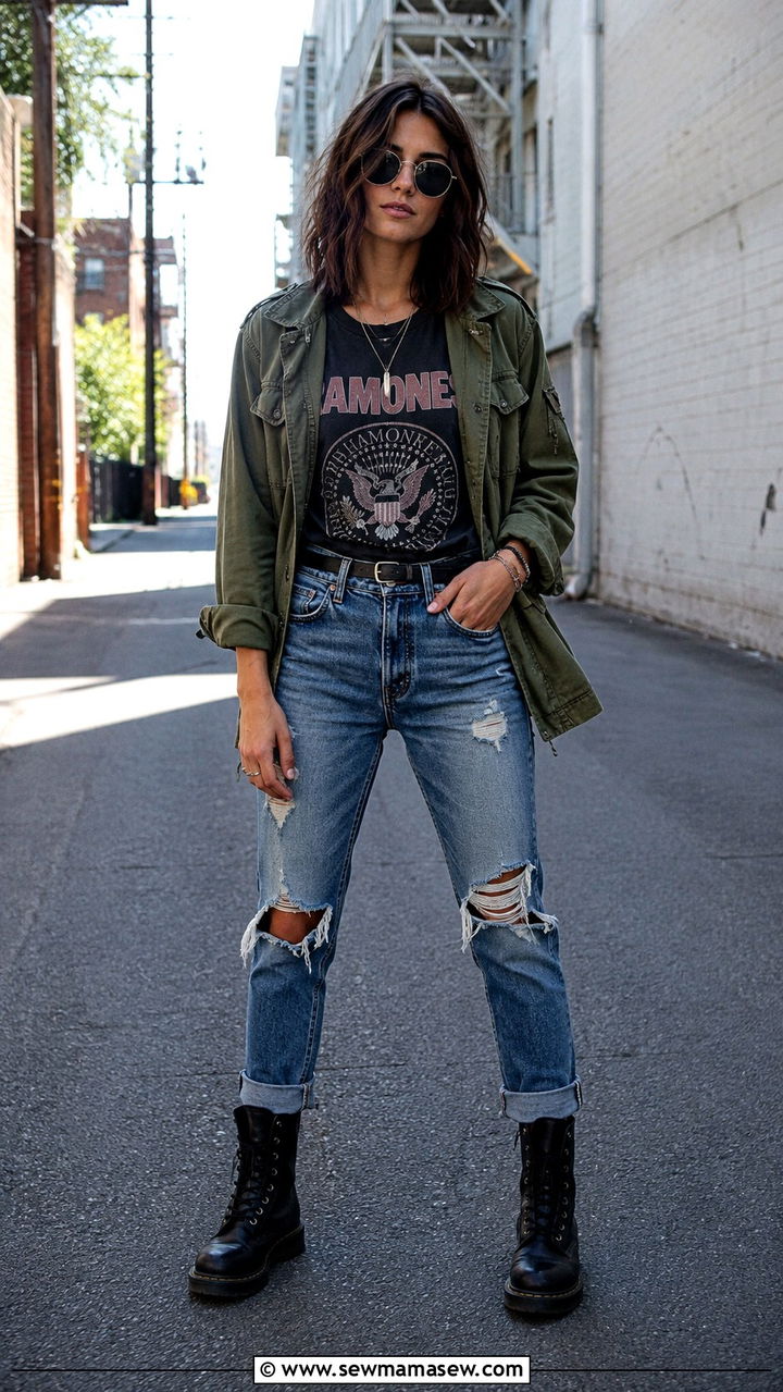 Utility Jacket with a Graphic Tee and Distressed Jeans - 30 Spring outfits with utility jacket