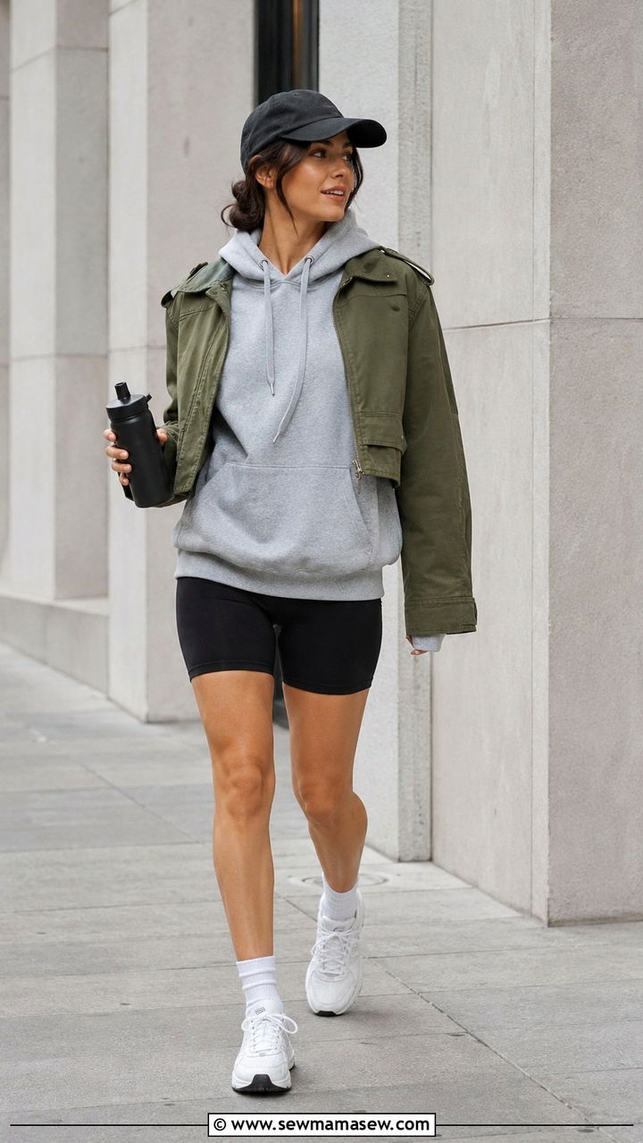 Utility Jacket with a Hoodie and Bike Shorts - 30 Spring outfits with utility jacket