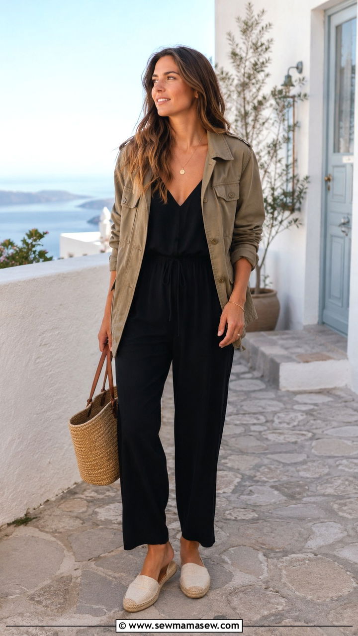 Utility Jacket with a Jumpsuit and Espadrilles - 30 Spring outfits with utility jacket