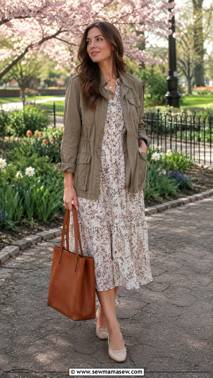 Utility Jacket with a Midi Dress and Ballet Flats - 30 Spring outfits with utility jacket