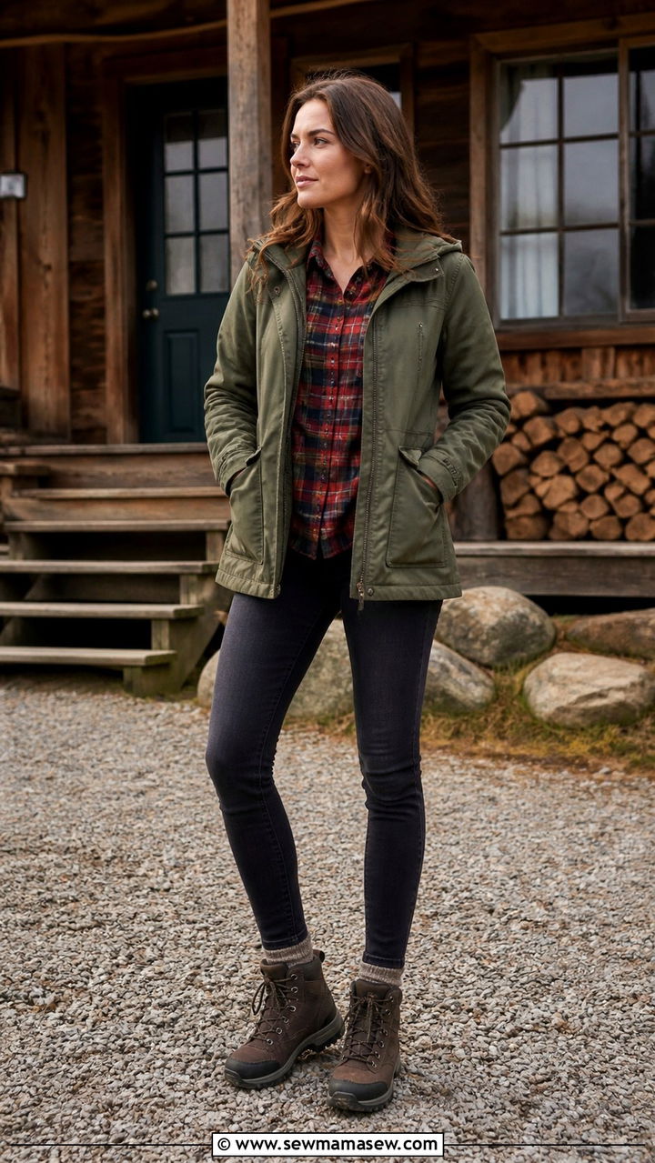Utility Jacket with a Plaid Shirt and Dark Denim - 40 rainy day outfits