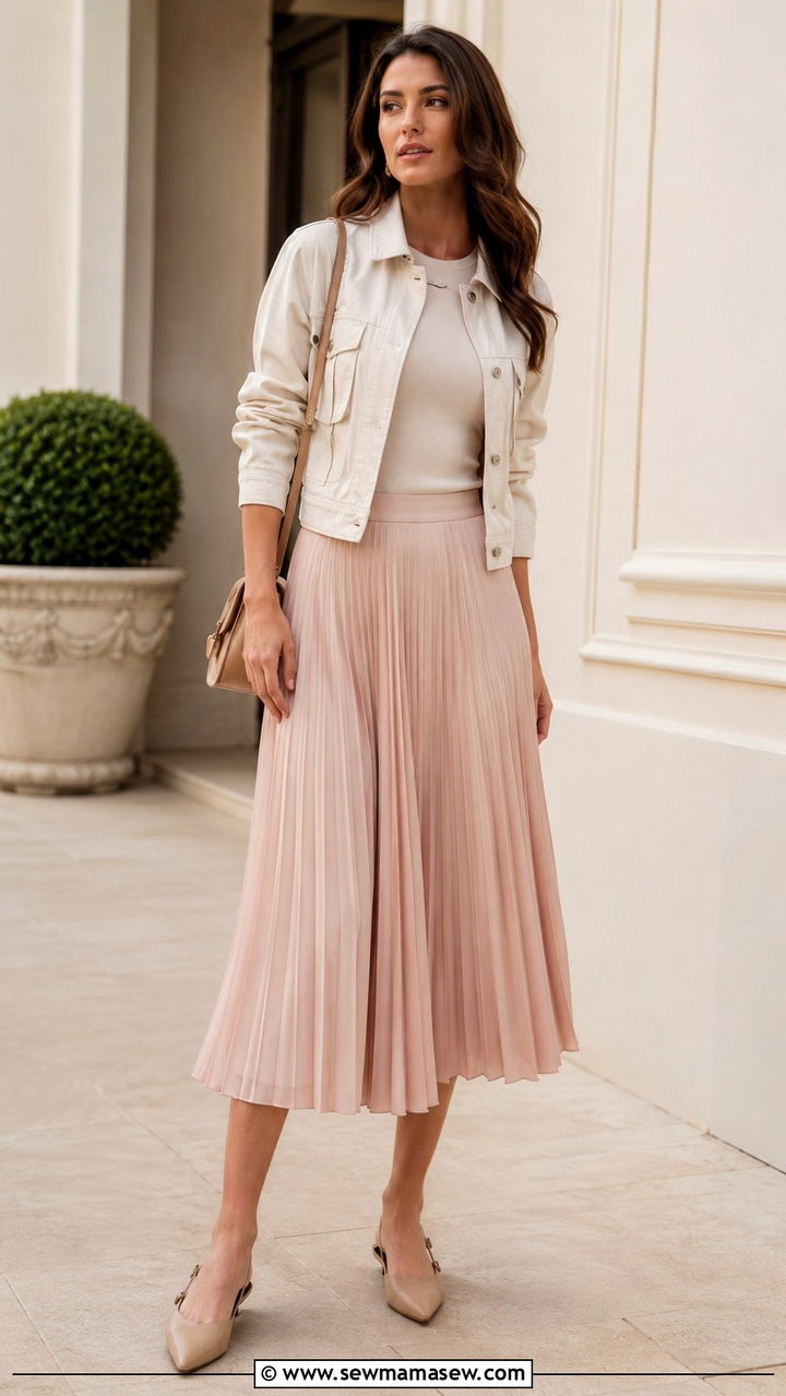 Utility Jacket with a Pleated Skirt and Slingback Flats - 30 Spring outfits with utility jacket