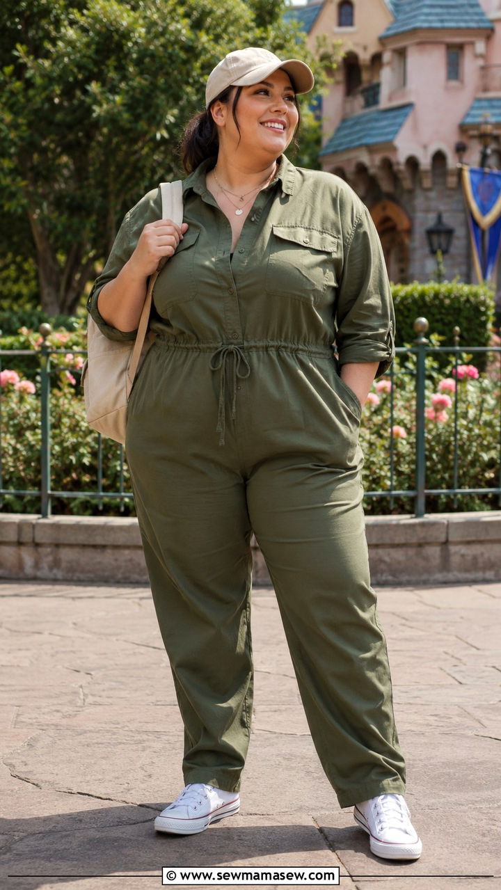 Utility Jumpsuit Low Top Converse and a Baseball Cap - 30 Plus size theme park outfit ideas