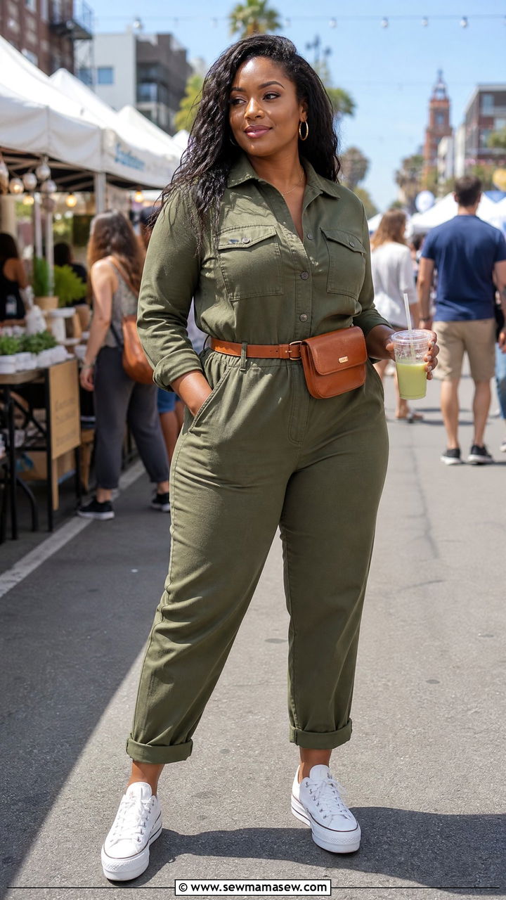 Utility Jumpsuit Outfit with a Cinched Waist and Platform Sneakers - 25 Flattering outfits for big thighs