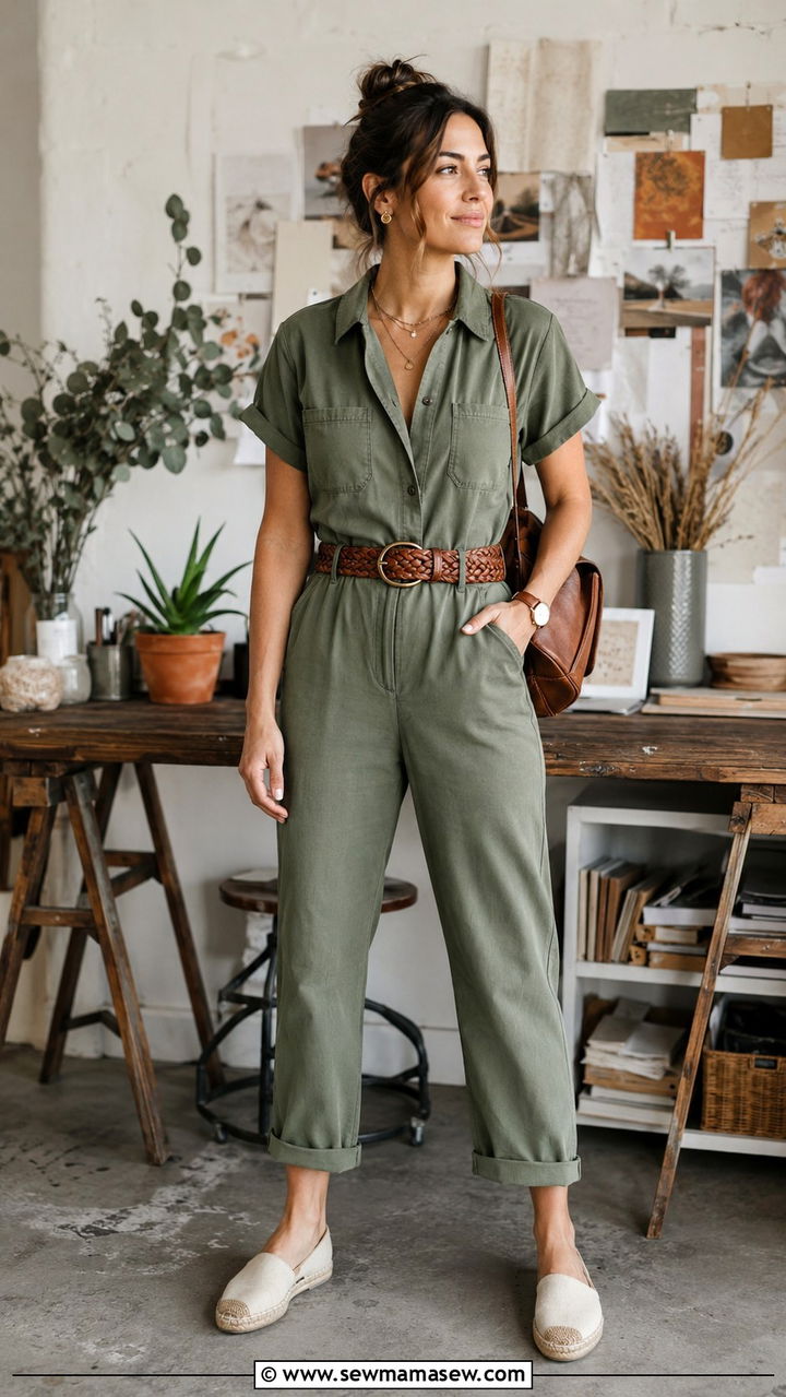 Utility Jumpsuit With A Braided Leather Belt - 30 boho capsule wardrobe outfits