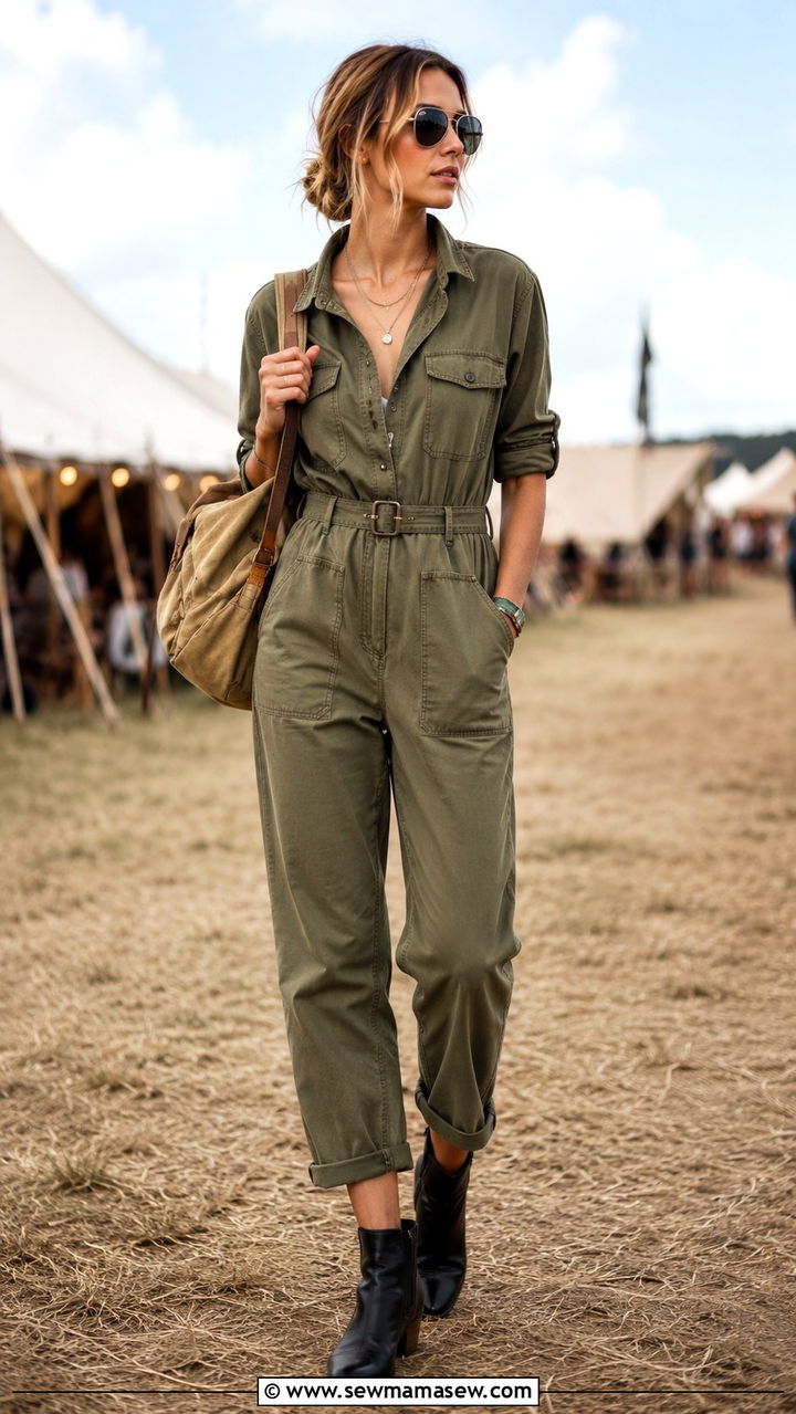 Utility Jumpsuit With Aviator Sunglasses and Ankle Boots - 30 classy country concert outfit ideas