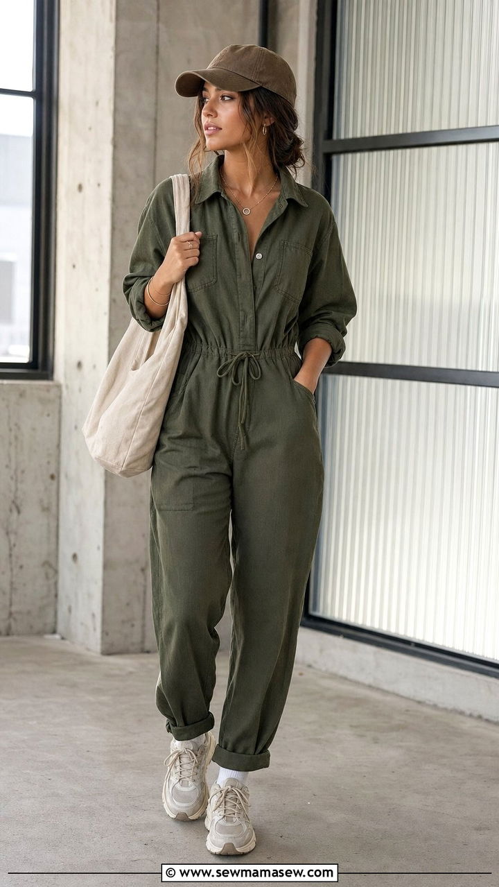 Utility Jumpsuit With Baseball Cap - 25 spring outfits with baseball cap
