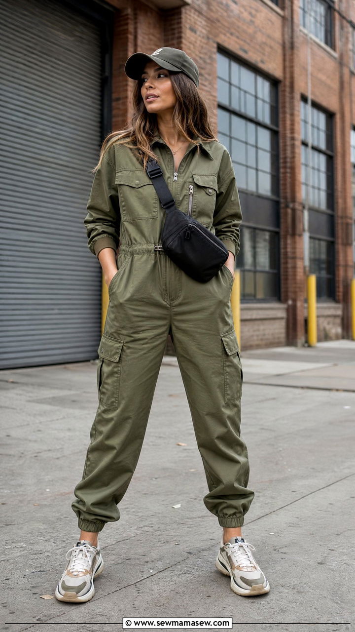 Utility Jumpsuit With Chunky Sneakers And A Baseball Cap - 30 streetwear outfits ideas