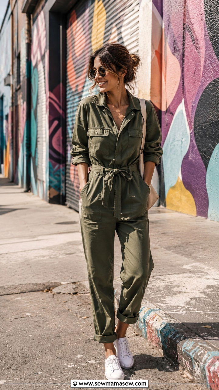 Utility Jumpsuit With Cinched Waist and Sneakers - 30 Petite aesthetic outfit ideas