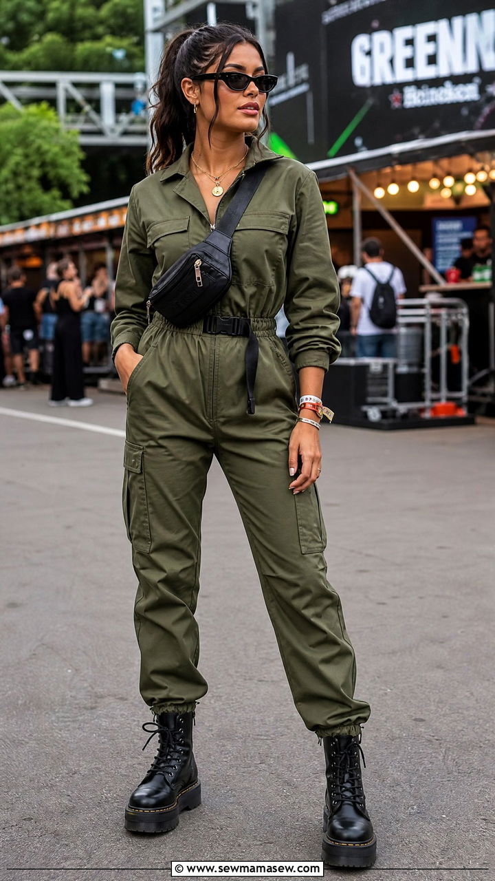 Utility Jumpsuit With Combat Boots And A Belt Bag - 30 festival outfits Pinterest