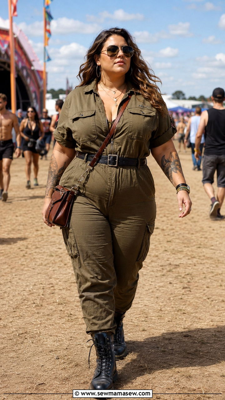 Utility Jumpsuit With Combat Boots And Aviator Sunglasses - 30 Plus size outfit ideas for festival