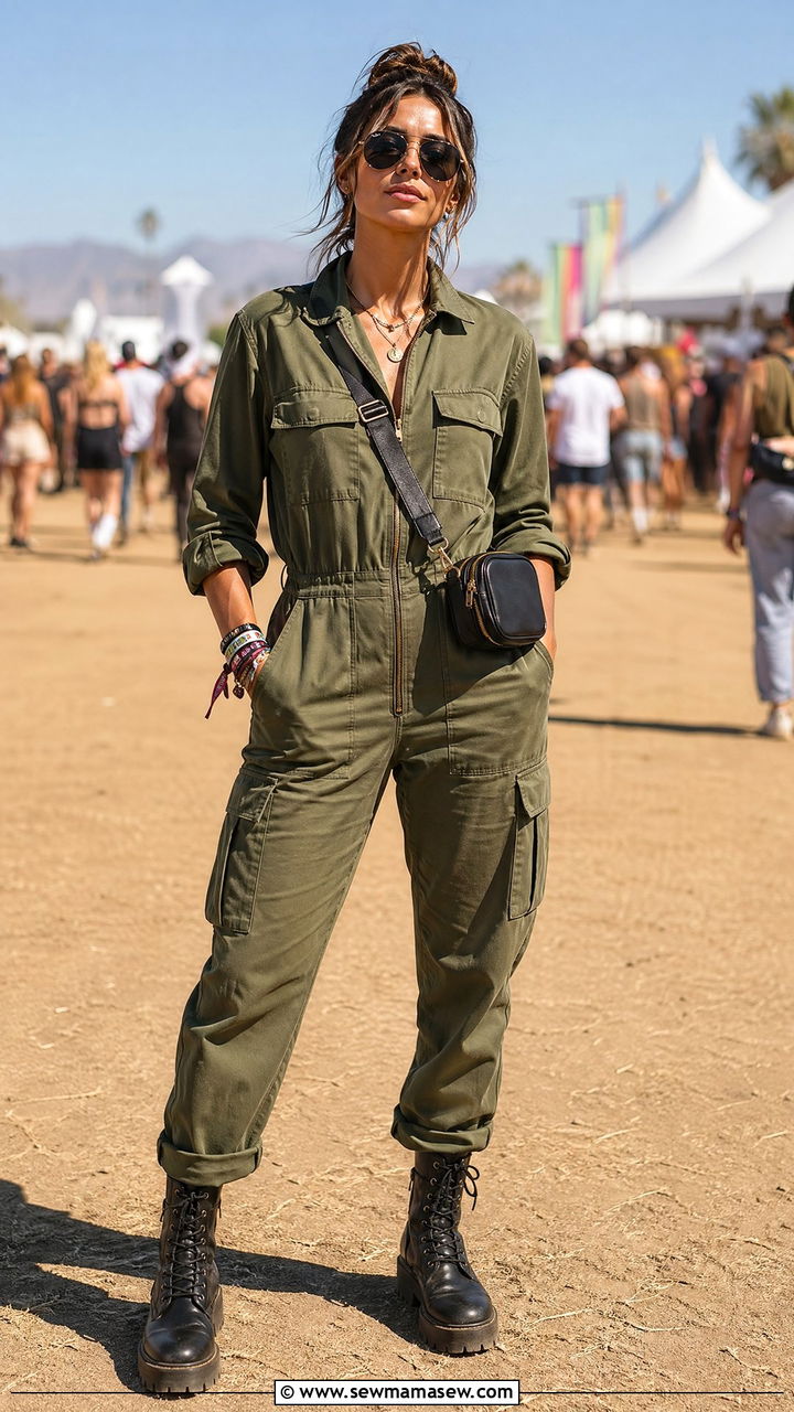 Utility Jumpsuit With Combat Boots and a Crossbody Bag - 35 festival outfits aesthetic