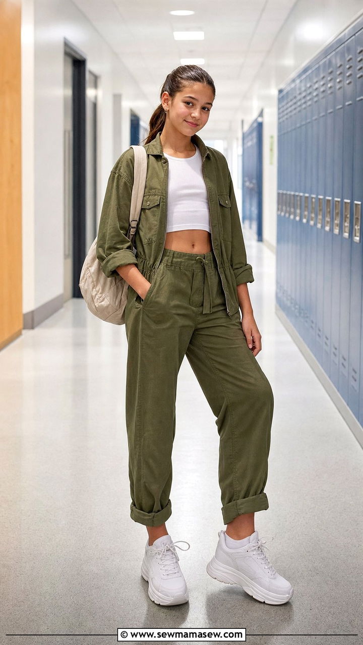 Utility Jumpsuit With Crop Top and Chunky Sneakers - 35 Back to school outfit ideas 8th grade