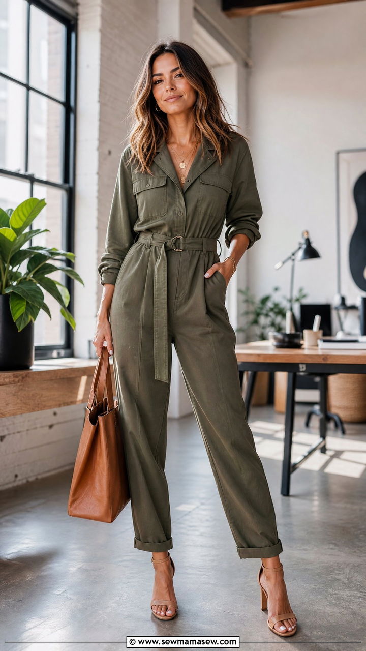 Utility Jumpsuit With Heeled Sandals - 20 work outfits for hourglass body