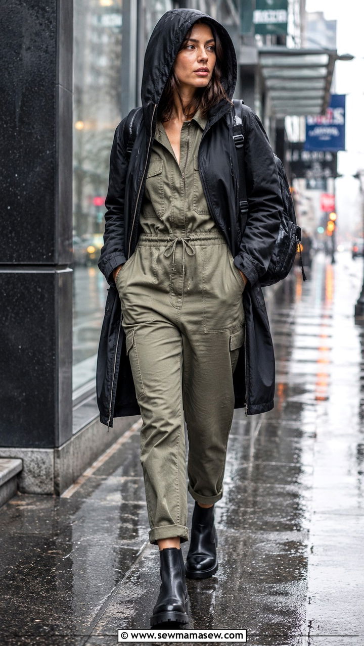 Utility Jumpsuit With Hooded Trench And Chelsea Boots - 30 Rainy day casual outfit ideas