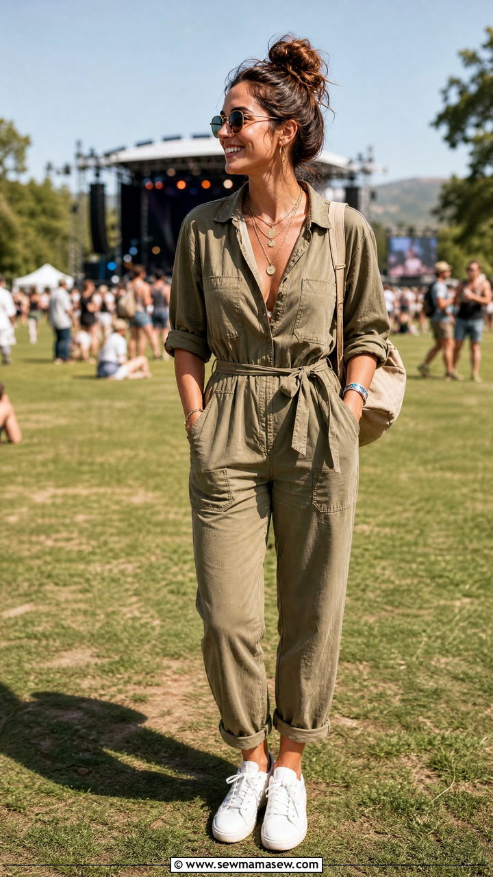 Utility Jumpsuit With Layered Necklaces For Outdoor Event Planners - 30 Event planner outfit ideas