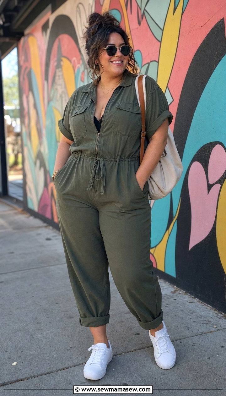 Utility Jumpsuit With Rolled Cuffs And Sneakers - 35 Brunch outfits for curvy women