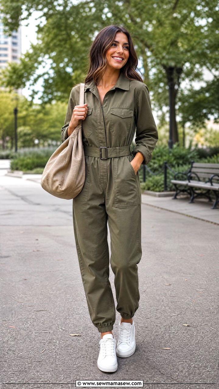 Utility Jumpsuit With Trainers - 25 casual outfits for modest women