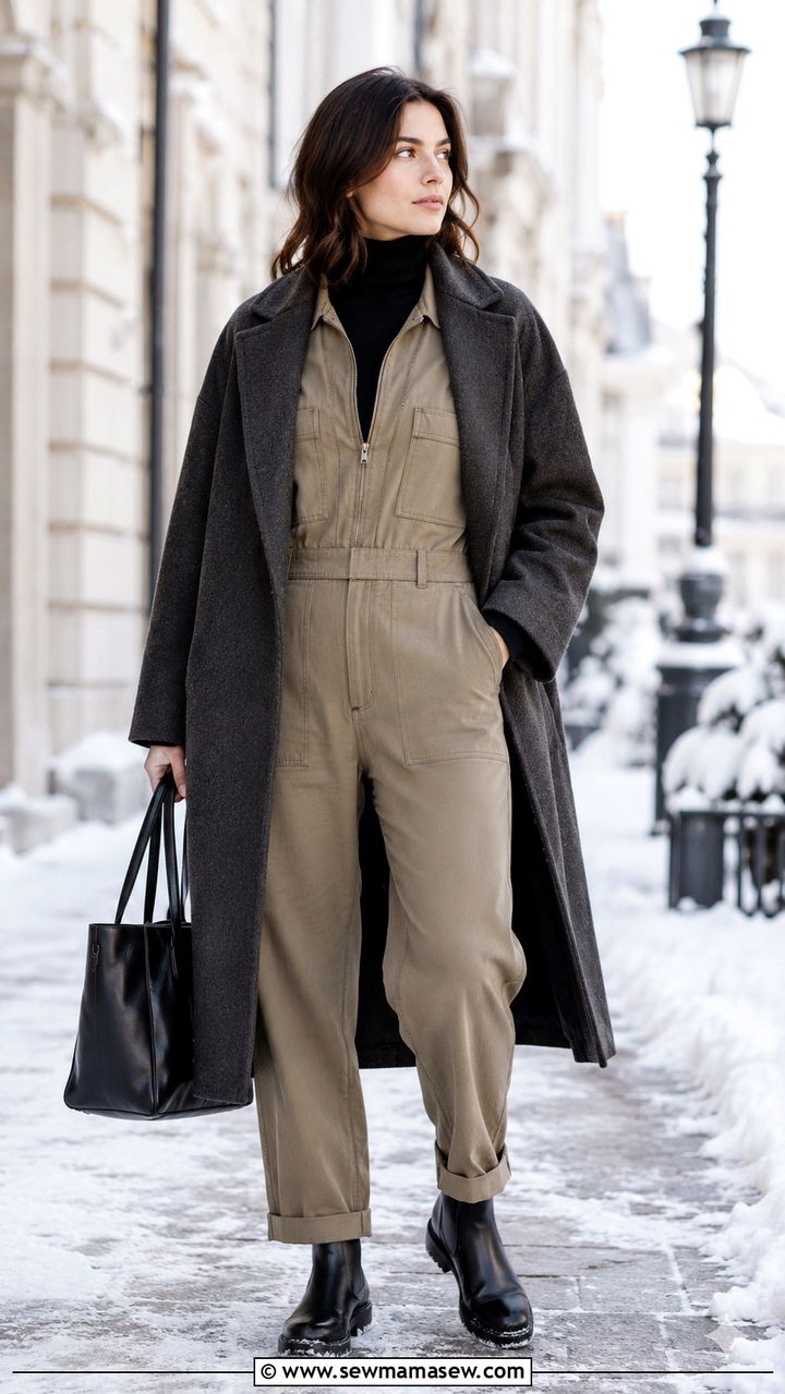 Utility Jumpsuit With Turtleneck Underneath - 30 Utility jumpsuit outfit ideas