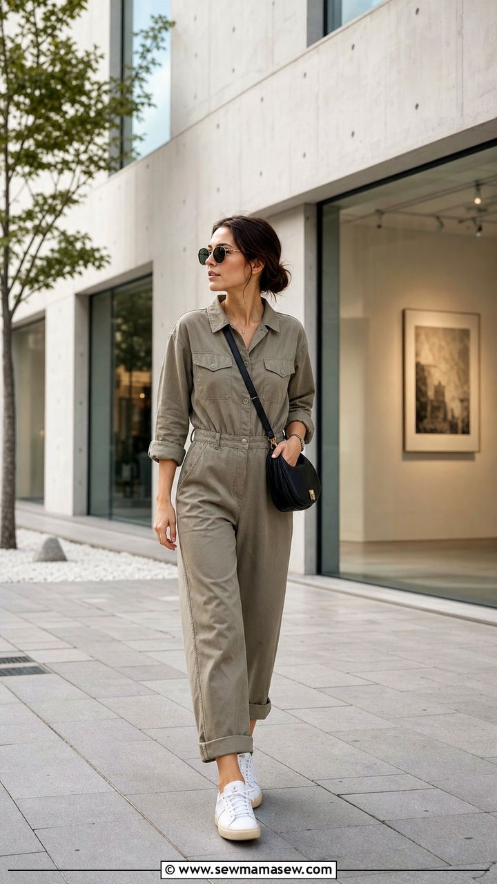 Utility Jumpsuit With White Retro Sneakers - 25 cute Copenhagen outfits