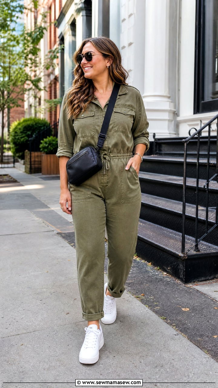 Utility Jumpsuit With White Sneakers - 35 Midsize summer outfit ideas