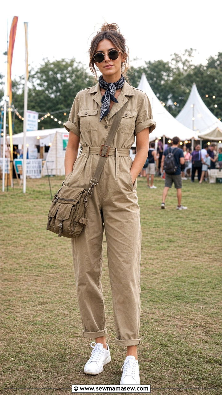 Utility Jumpsuit With White Sneakers - 35 casual festival outfits