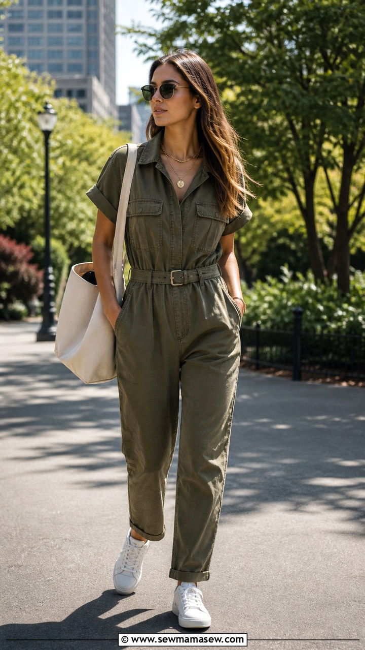 Utility Jumpsuit With White Sneakers And Tote - 20 spring outfits for women with wide hips