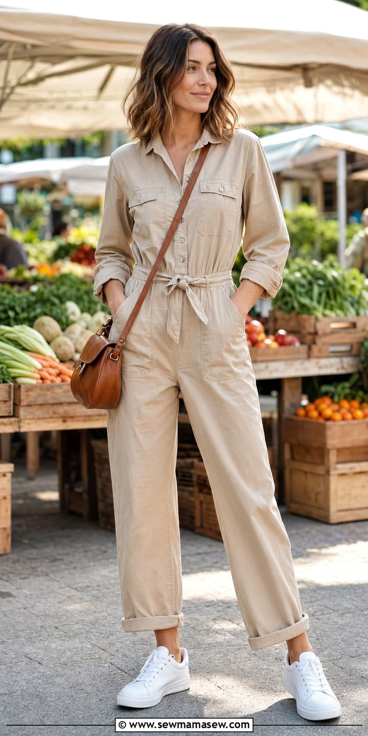 Utility Jumpsuit With White Sneakers and a Crossbody Bag - 35 April outfits for women