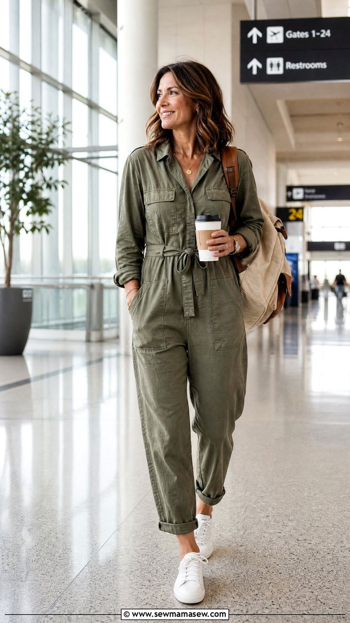 Utility Jumpsuit With White Sneakers - 35 Middle aged woman outfit ideas
